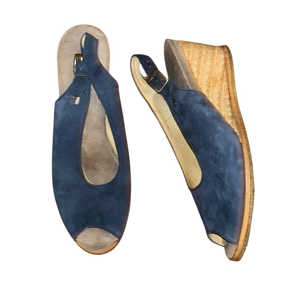 Wolky Blue Suede Peep‎ Toe Wedge Slingback Sandals Size 40 Comfort Shoes